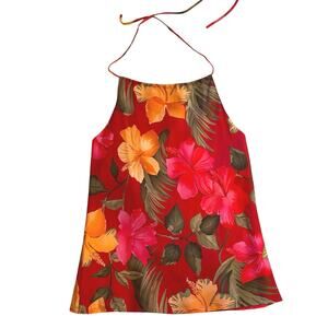 GAP 100% Silk Tropical Floral Red & Pink Backless High Neck Halter Top Medium